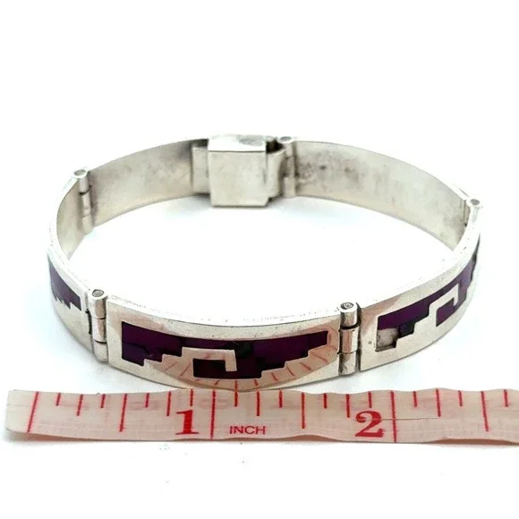 Taxco Mexico TM-275 925 Sterling Silver Purple Inlay Wave Panel Bracelet